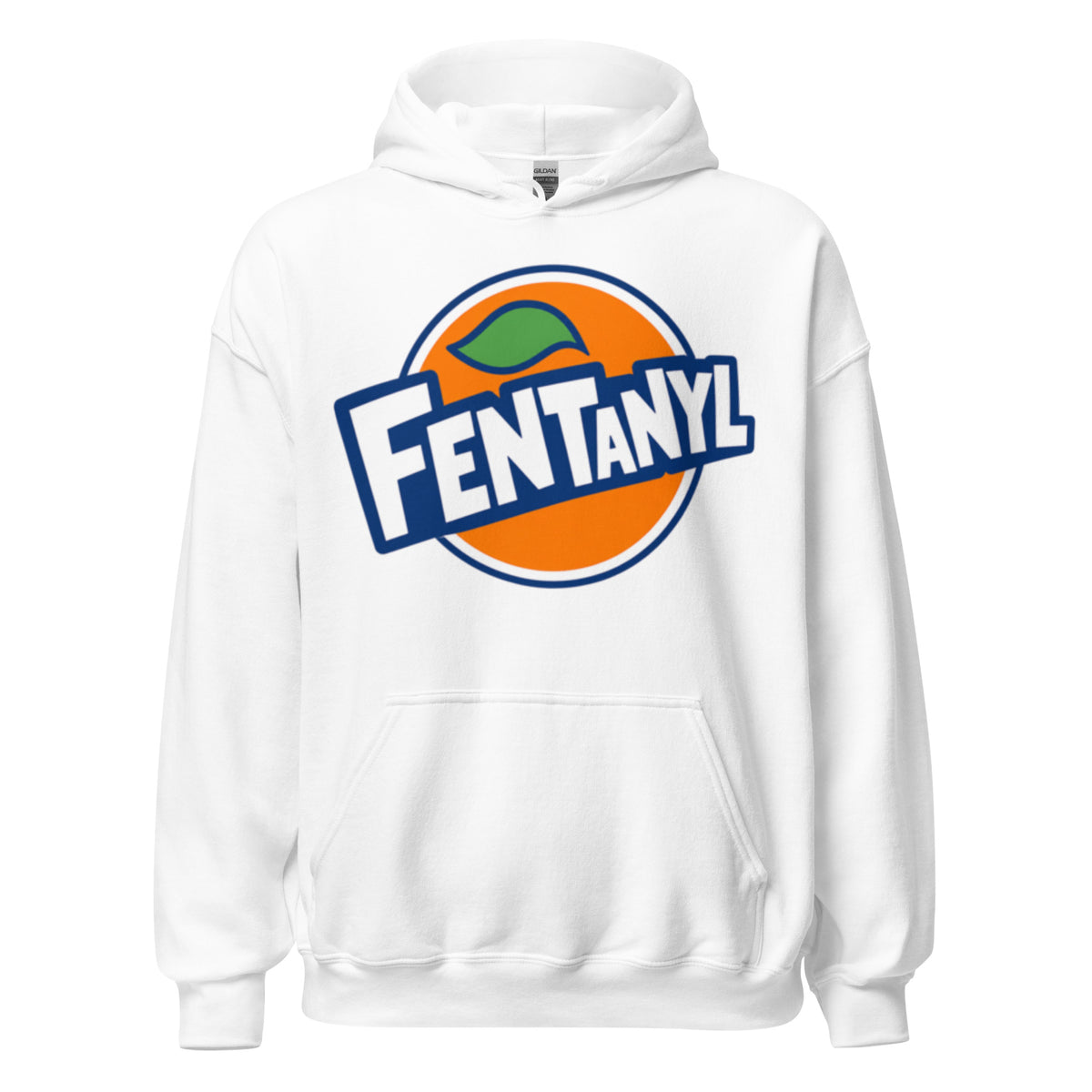 Weißer Hoodie mit auffälligem Fentanyl Statement-Motiv