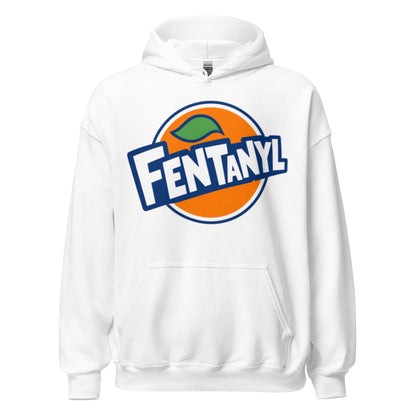 Weißer Hoodie mit auffälligem Fentanyl Statement-Motiv