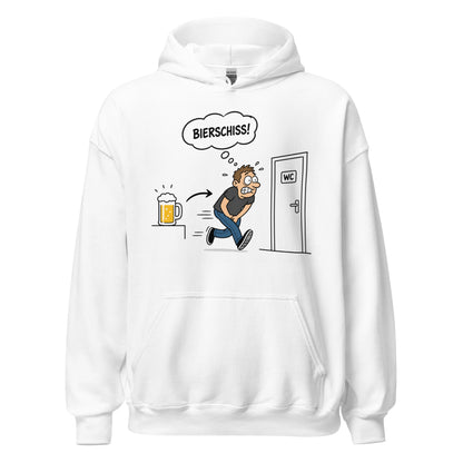 Weißer Hoodie mit lustigem Bierschiss Cartoon, Bierglas und WC-Motiv