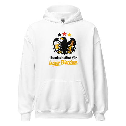 Schwarzer Hoodie mit goldenem Adler, der ein Bier und eine Bierflasche hält, und dem Schriftzug Bundesinstitut für lecker Bierchen.