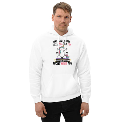 Weißer Hoodie mit buntem Einhorn beim Meditieren und dem lustigen Spruch „Und jetzt atmen alle mal tief ein und die Idioten nicht mehr aus“ in schwarzer und pinker Schrift.