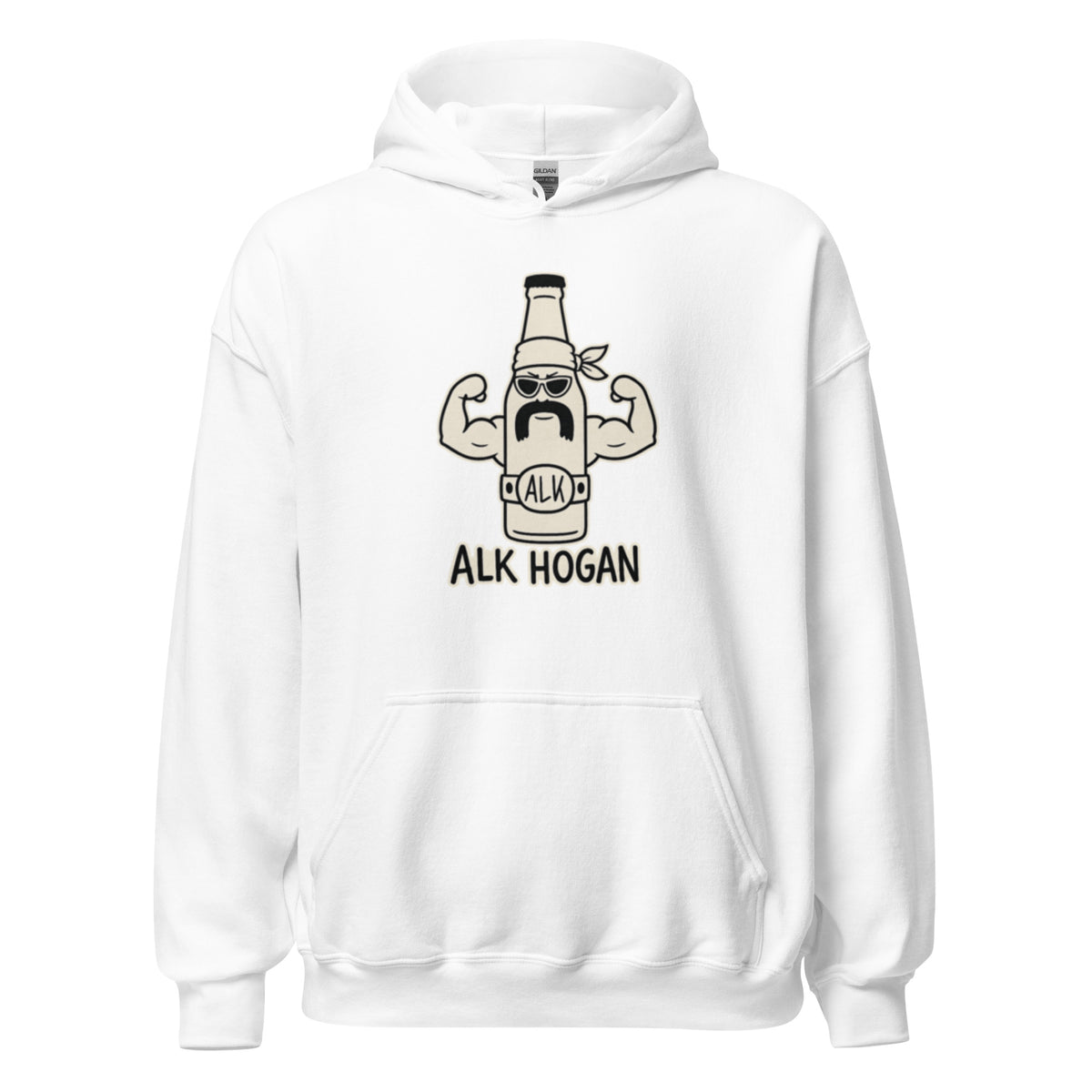 Hoodie mit lustigem Cartoon einer muskulösen Bierflasche mit Sonnenbrille und dem Schriftzug „Alk Hogan“.