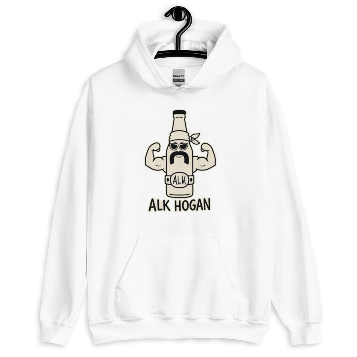 Hoodie mit lustigem Cartoon einer muskulösen Bierflasche mit Sonnenbrille und dem Schriftzug „Alk Hogan“.
