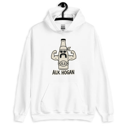 Hoodie mit lustigem Cartoon einer muskulösen Bierflasche mit Sonnenbrille und dem Schriftzug „Alk Hogan“.