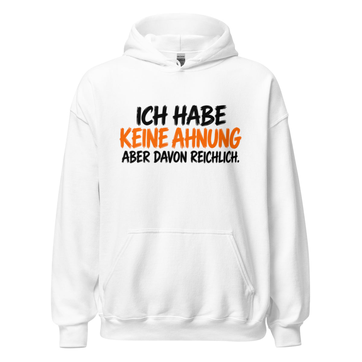Schwarzer Hoodie mit dem lustigen Spruch „Ich habe keine Ahnung, aber davon reichlich.“ in weißer und gelber Schrift.