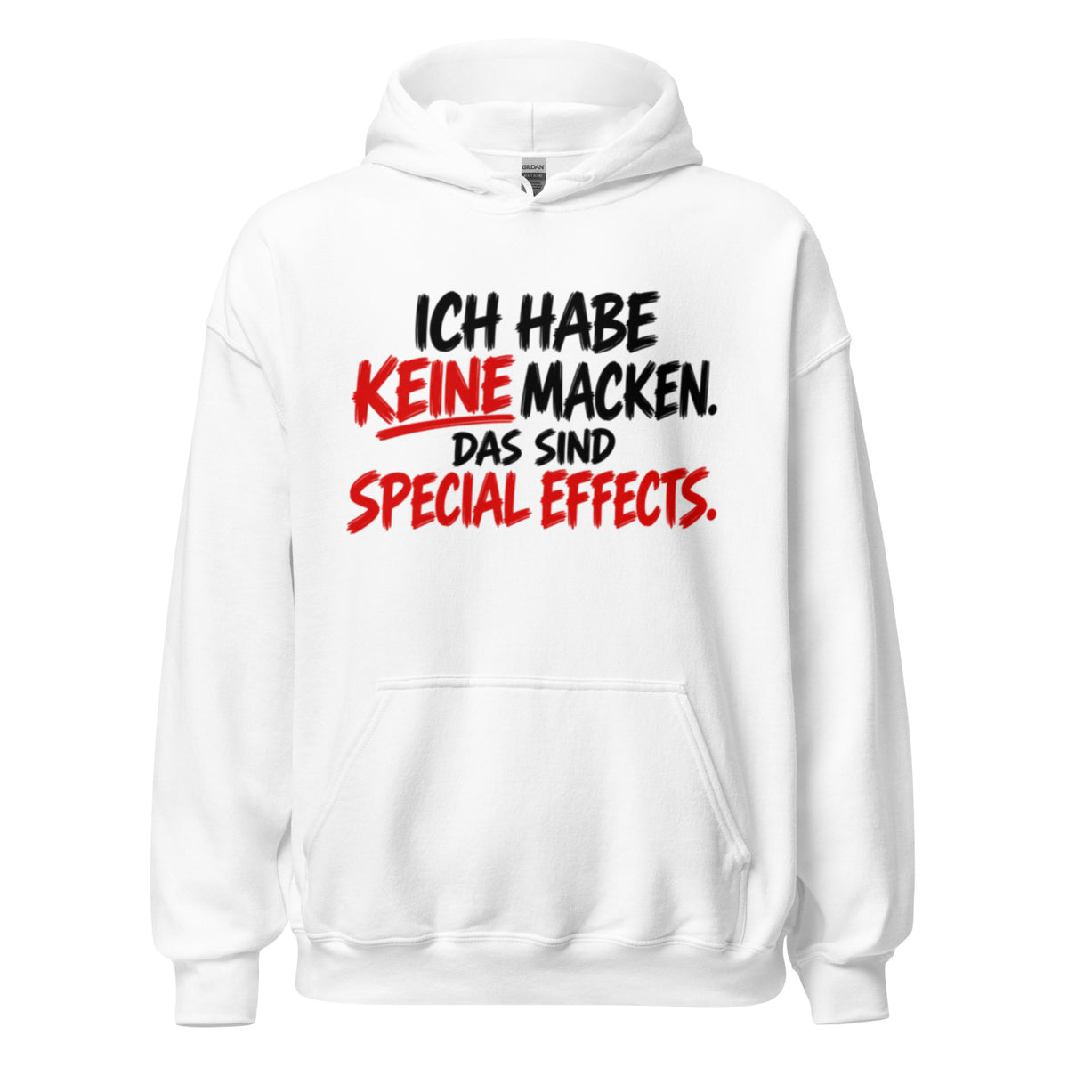 Schwarzer Hoodie mit dem lustigen Spruch „Ich habe keine Macken. Das sind Special Effects.“ in weißer und roter Brush-Schrift.