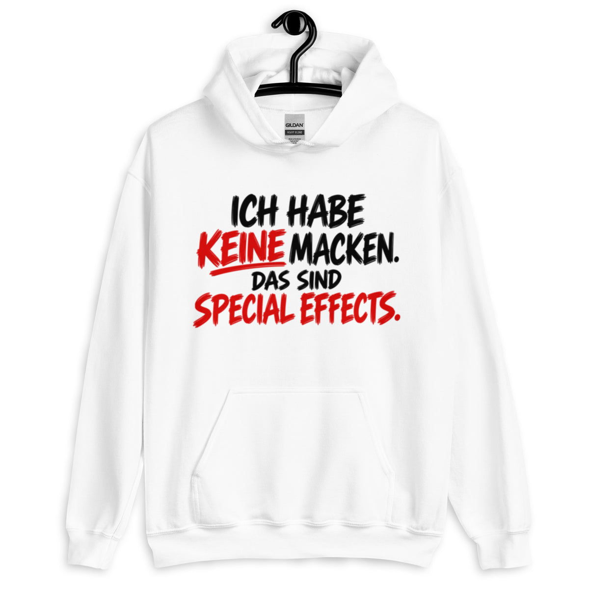 Schwarzer Hoodie mit dem lustigen Spruch „Ich habe keine Macken. Das sind Special Effects.“ in weißer und roter Brush-Schrift.