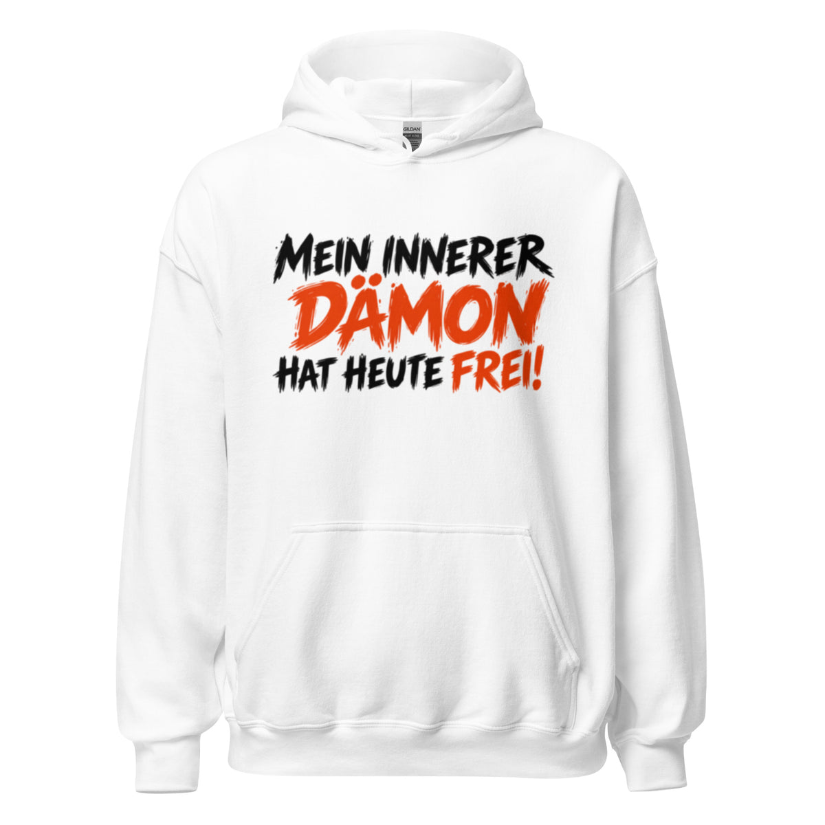 Weißer Hoodie mit lustigem Spruch „Mein innerer Dämon hat heute frei!“ in schwarzer und orangefarbener Schrift