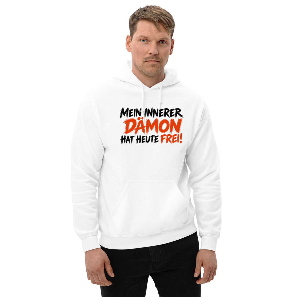 Hoodie mit lustigem Spruch „Mein innerer Dämon hat heute frei!“ in schwarzer und orangefarbener Schrift