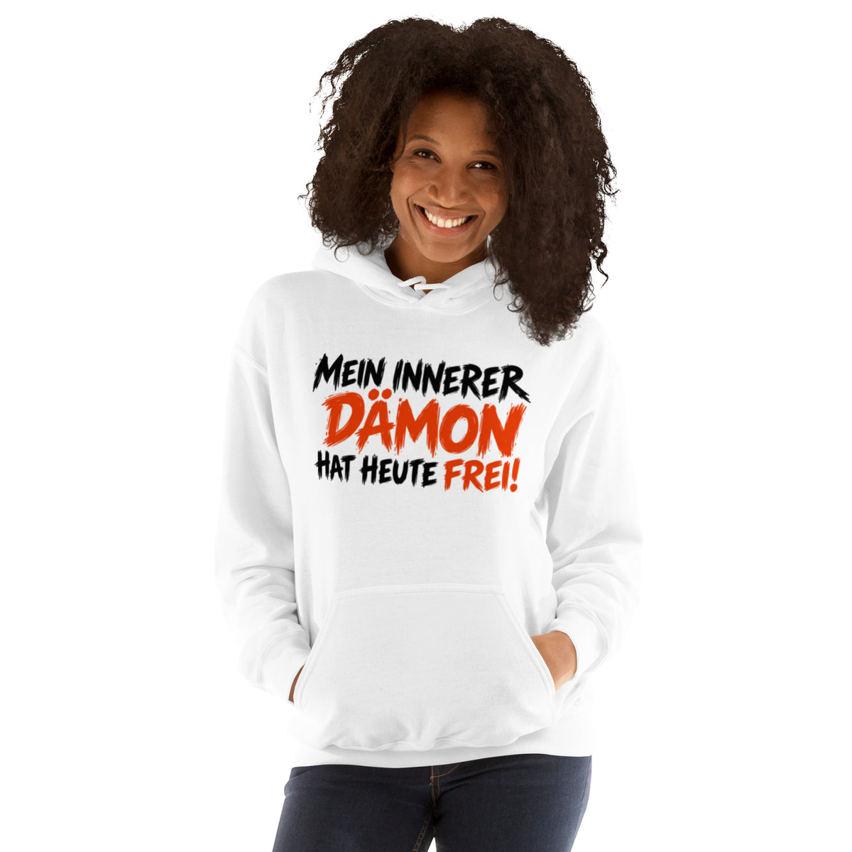 Hoodie mit lustigem Spruch „Mein innerer Dämon hat heute frei!“ in schwarzer und orangefarbener Schrift