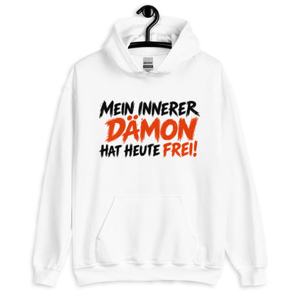 Hoodie mit lustigem Spruch „Mein innerer Dämon hat heute frei!“ in schwarzer und orangefarbener Schrift