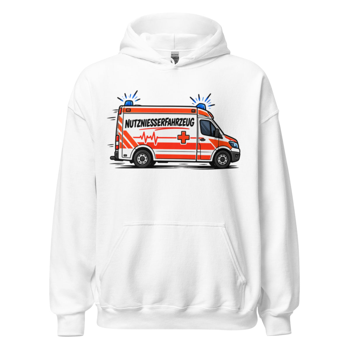 Lustiger Hoodie mit Comic-Rettungswagen und dem Spruch „Nutzniesserfahrzeug“ in schwarzer und roter Schrift.