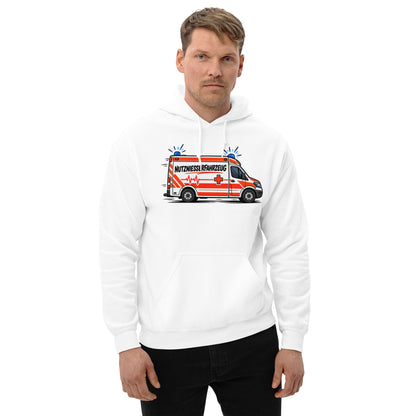 Lustiger Hoodie mit Comic-Rettungswagen und dem Spruch „Nutzniesserfahrzeug“ in schwarzer und roter Schrift.