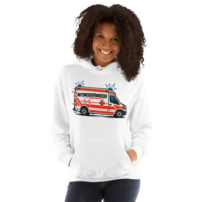 Lustiger Hoodie mit Comic-Rettungswagen und dem Spruch „Nutzniesserfahrzeug“ in schwarzer und roter Schrift.