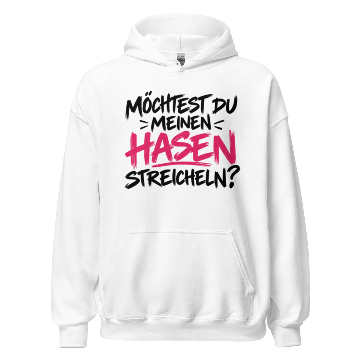 Lustiger Hoodie mit dem frechen Spruch „Möchtest du meinen Hasen streicheln?“ in schwarzer und pinker Schrift.