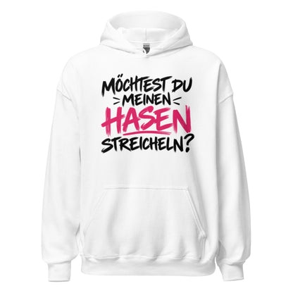 Lustiger Hoodie mit dem frechen Spruch „Möchtest du meinen Hasen streicheln?“ in schwarzer und pinker Schrift.