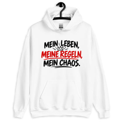 Lustiger Hoodie mit dem Spruch „Mein Leben, meine Regeln, mein Chaos.“
