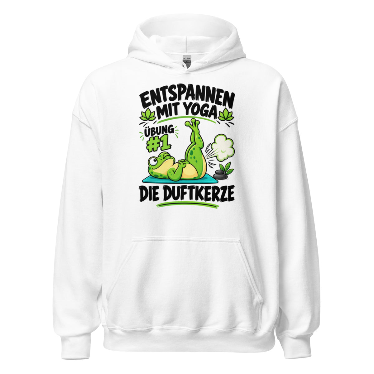 Lustiger Hoodie mit entspanntem Yoga-Frosch, Yoga-Motiv und dem Spruch „Entspannen mit Yoga – Übung #1: Die Duftkerze“.