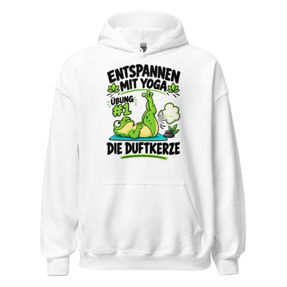 Lustiger Hoodie mit entspanntem Yoga-Frosch, Yoga-Motiv und dem Spruch „Entspannen mit Yoga – Übung #1: Die Duftkerze“.