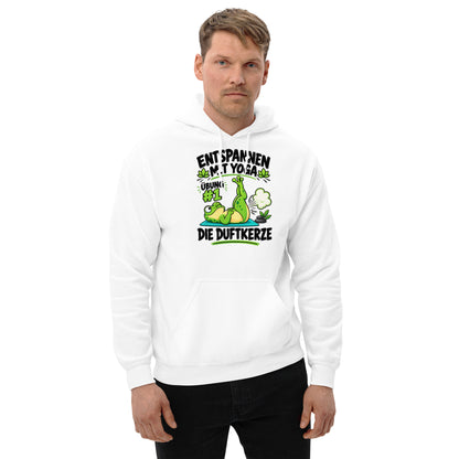 Lustiger Hoodie mit entspanntem Yoga-Frosch, Yoga-Motiv und dem Spruch „Entspannen mit Yoga – Übung #1: Die Duftkerze“.