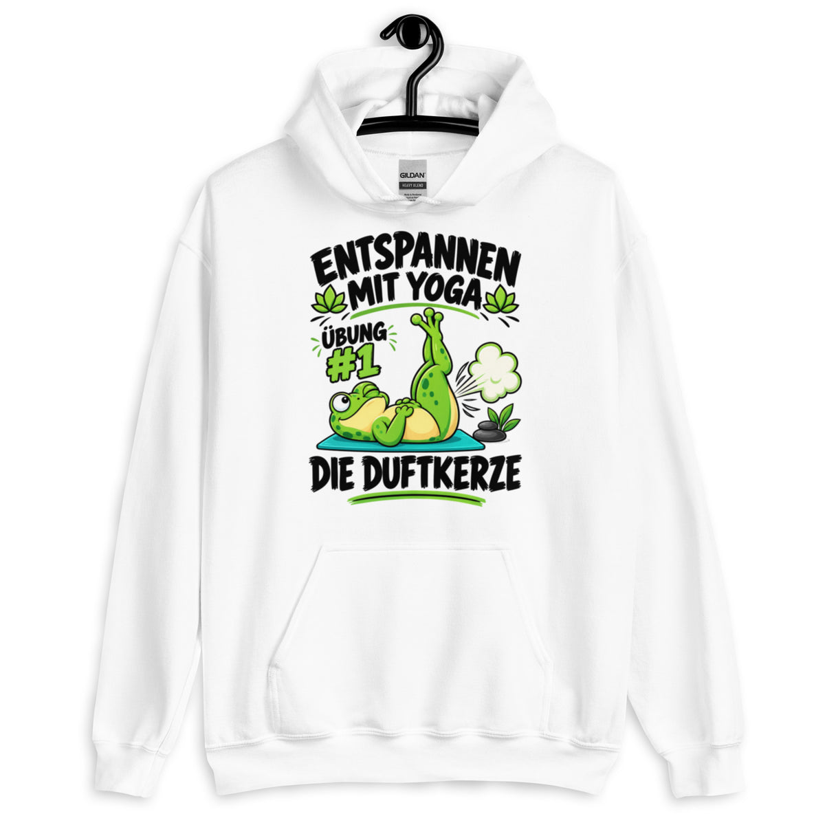Lustiger Hoodie mit entspanntem Yoga-Frosch, Yoga-Motiv und dem Spruch „Entspannen mit Yoga – Übung #1: Die Duftkerze“.