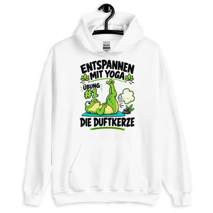Lustiger Hoodie mit entspanntem Yoga-Frosch, Yoga-Motiv und dem Spruch „Entspannen mit Yoga – Übung #1: Die Duftkerze“.