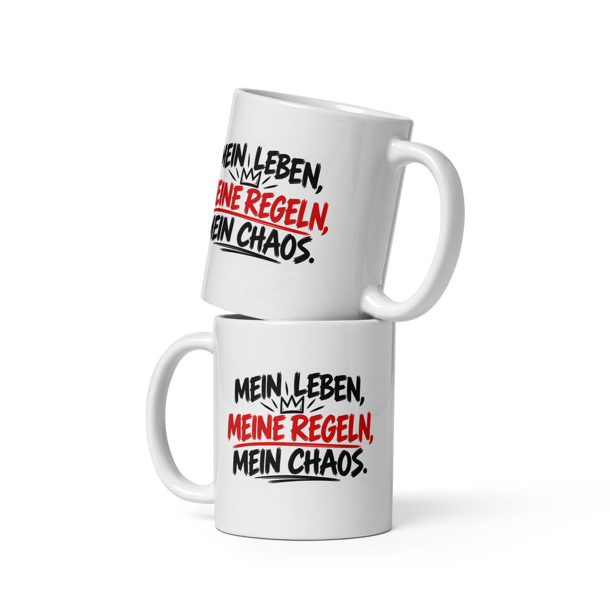 Weiße Keramiktasse mit schwarzem und rotem Statement-Aufdruck „Mein Leben, meine Regeln, mein Chaos.“ – lustige Sprüche-Tasse für Männer und Frauen.