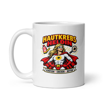 Hautkrebs Heldin Tasse mit Superheldinnen-Motiv und SPF 50 für Hautärztinnen und Dermatologinnen