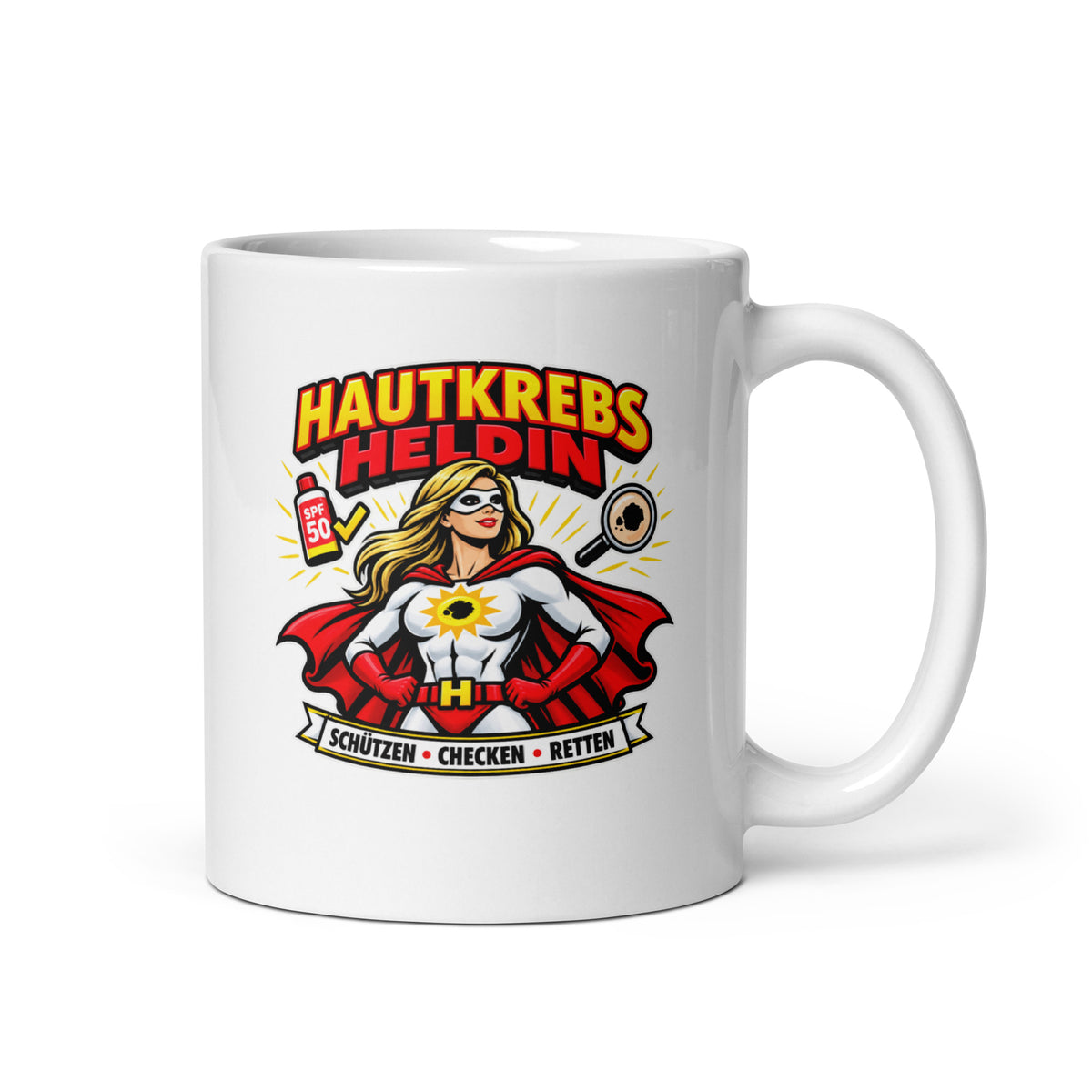 Hautkrebs Heldin Tasse mit Superheldinnen-Motiv und SPF 50 für Hautärztinnen und Dermatologinnen