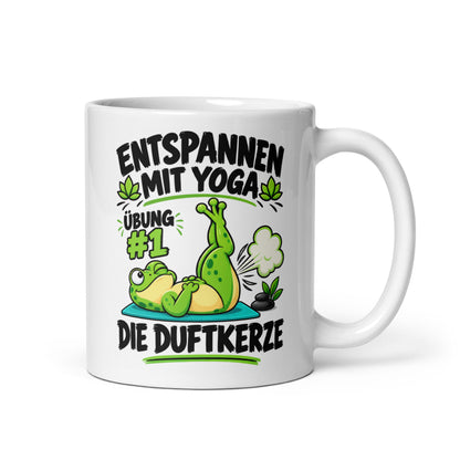 Lustige Yoga-Tasse mit dem Spruch Entspannen mit Yoga Übung #1 Die Duftkerze