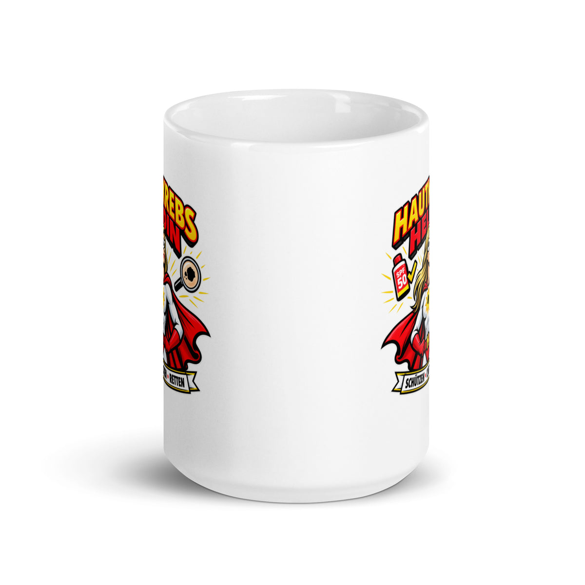 Hautkrebs Heldin Tasse mit Superheldinnen-Motiv und SPF 50 für Hautärztinnen und Dermatologinnen
