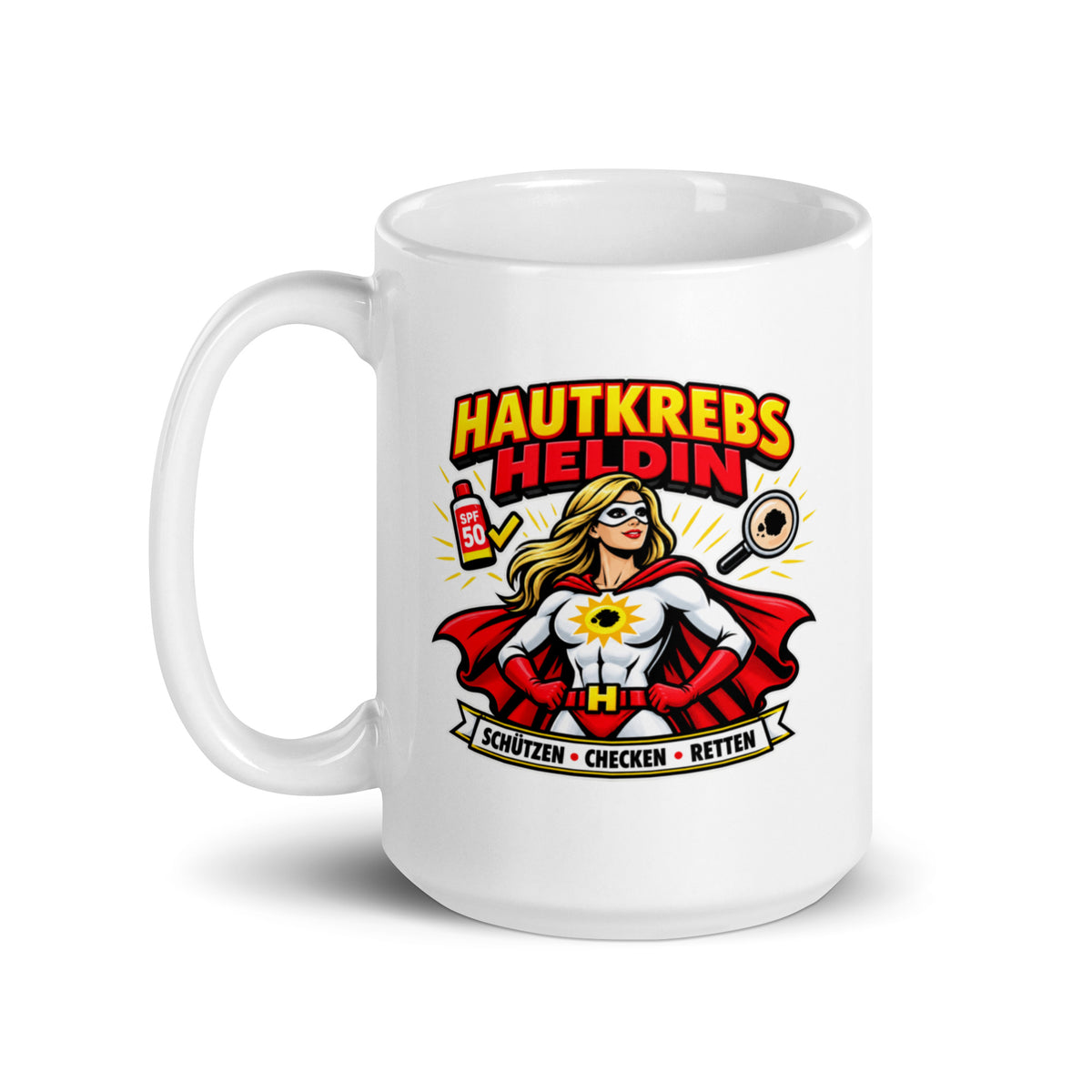 Hautkrebs Heldin Tasse mit Superheldinnen-Motiv und SPF 50 für Hautärztinnen und Dermatologinnen