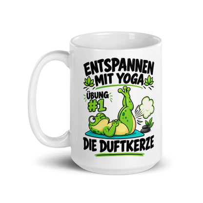 Lustige Yoga-Tasse mit dem Spruch Entspannen mit Yoga Übung #1 Die Duftkerze