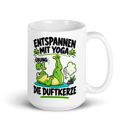 Lustige Yoga-Tasse mit dem Spruch Entspannen mit Yoga Übung #1 Die Duftkerze
