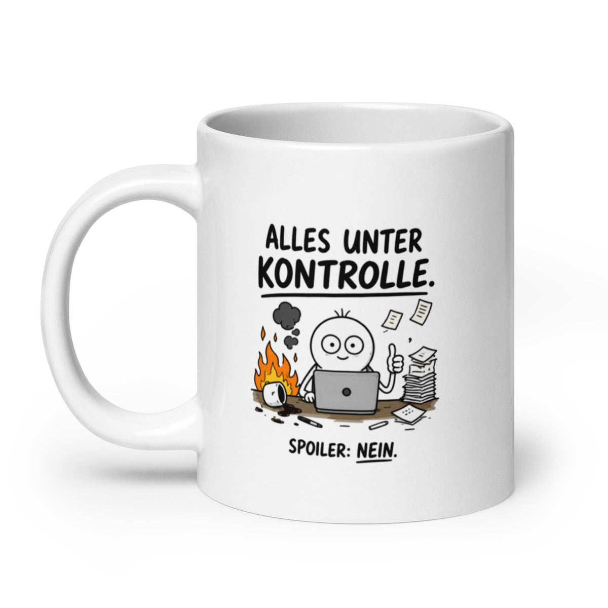 Lustige Tasse mit dem Spruch Alles unter Kontrolle. Spoiler: Nein. und einem chaotischen Büro-Motiv mit Laptop