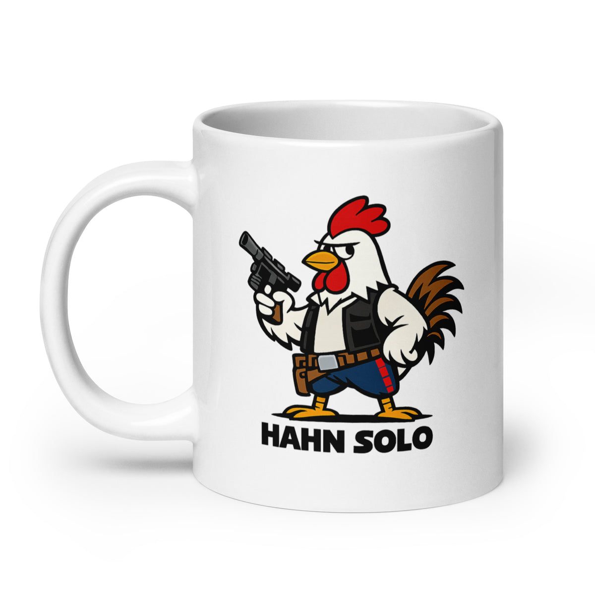 Lustige Tasse mit frechem Hahn-Motiv, Sonnenbrille und dem Schriftzug „HAHN SOLO“