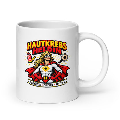 Hautkrebs Heldin Tasse mit Superheldinnen-Motiv und SPF 50 für Hautärztinnen und Dermatologinnen