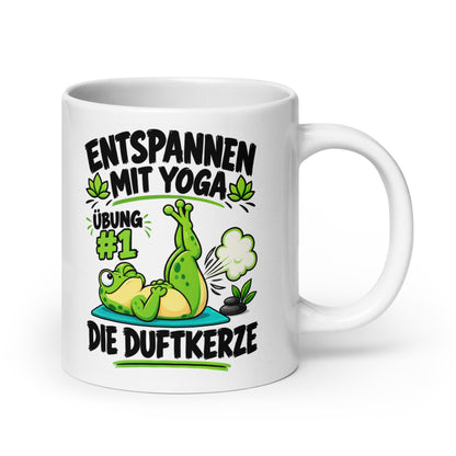 Lustige Yoga-Tasse mit dem Spruch Entspannen mit Yoga Übung #1 Die Duftkerze
